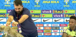 📽️Vinicius Jr’ın basın toplantısında, masadaki kediye yere fırlattı, pişkin pişkin güldü!