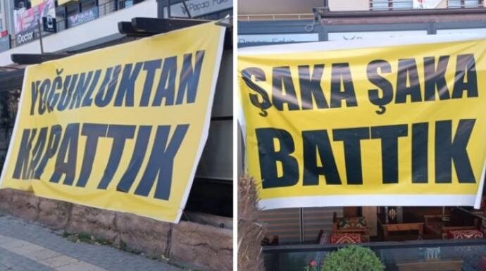 İflas ‘gırgırı’ … Bursa’da bir işletmeci iflasını ‘esprili’ pankartlarla duyurdu.